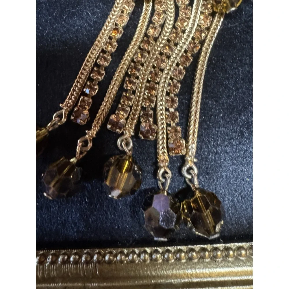 Vintage Gold Tone‎ Waterfall Tassel Brooch Rhinestone Faceted Bead Dangle
